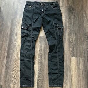 Dereon Womens Black CargoPants White Contrast Stitch Rhinestone FleurDeLis 13/14